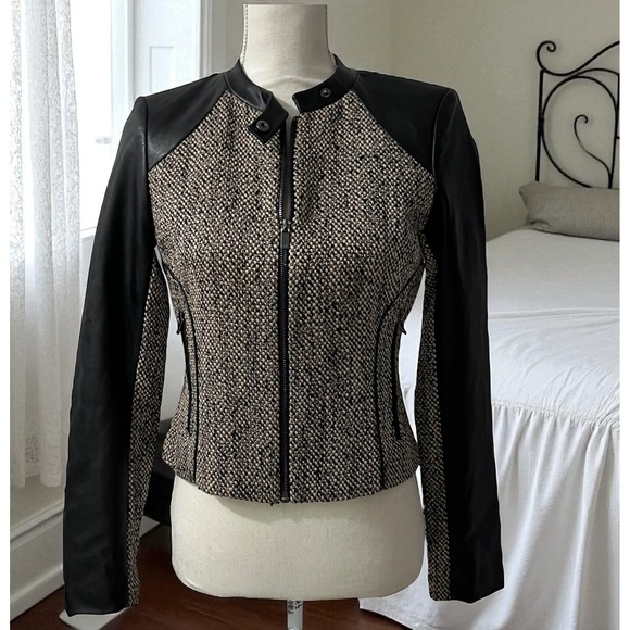 Calvin Klein Jackets & Blazers - Calvin Klein Brown Faux Leather Trim Tweed Moto‎ Jacket XS
